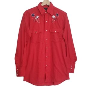 High Noon Shirt Red Pearl Snap Western Cowboy Embroidered Stars Size S